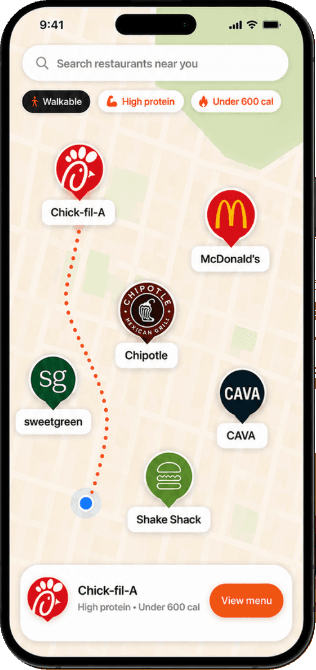 Bite Club map of nearby restaurants filtered for high protein and under 600 calories
